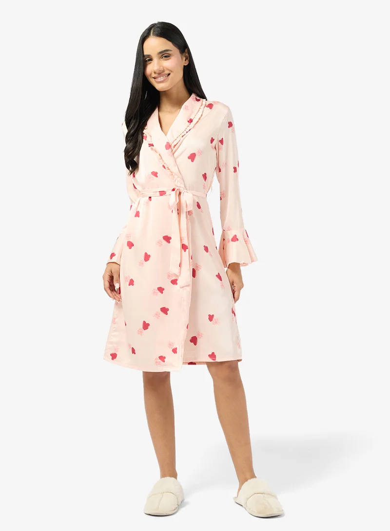 Ginger Cozy Fluffy Heart Print Robe
